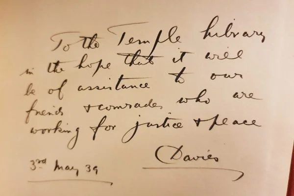 David Davies' Writings - handwritten note inside cover